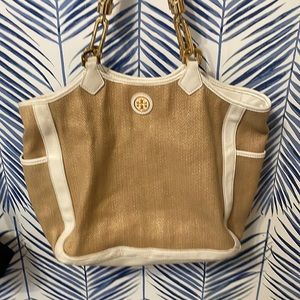 Tory Burch beige Raffia/ Rattan Bag- white leather details, rope handles